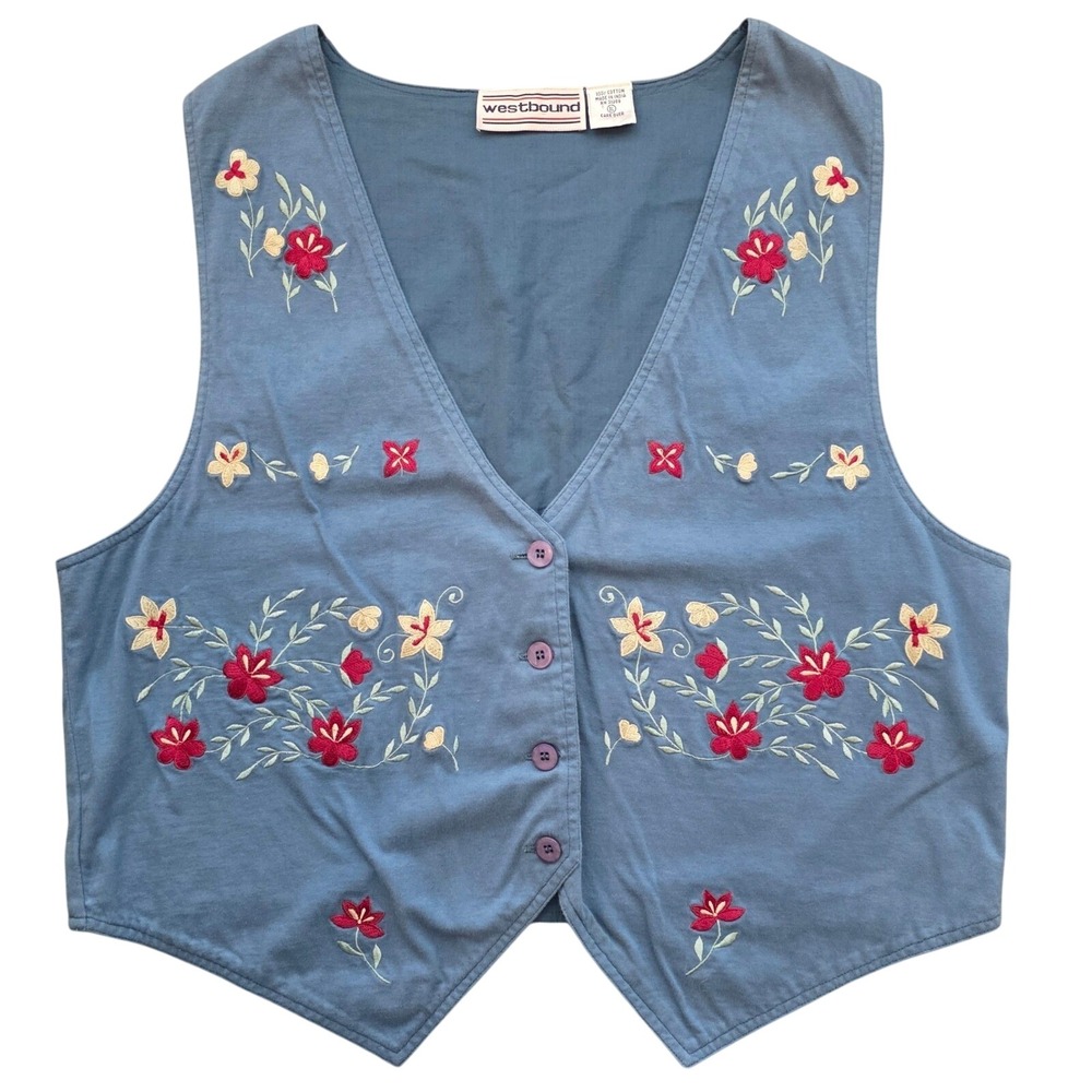 Vintage Westbound Blue Floral Embroidered Vest Women Cottagecore XL 3